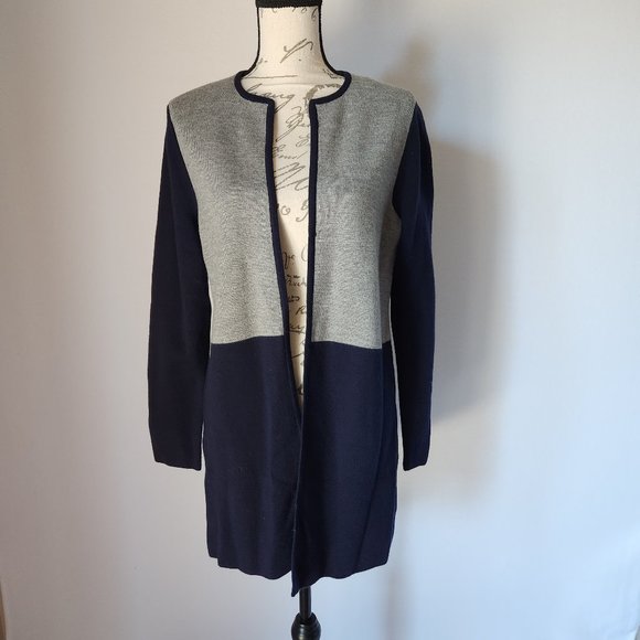 EUC Talbots Merino Wool Blend Open Long-Cardigan Sweater Color Block Grey Blue - Picture 4 of 10